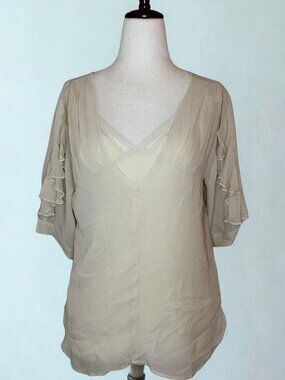 Madison Marcus Beige Silk Faux Layered Ruffle Sleeve Blouse Size X-Small